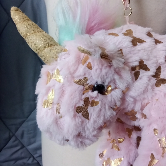 Olly & Me Pink Unicorn Purse With Gold Butterfly Pastel Pattern Plush Bag - Picture 3 of 10